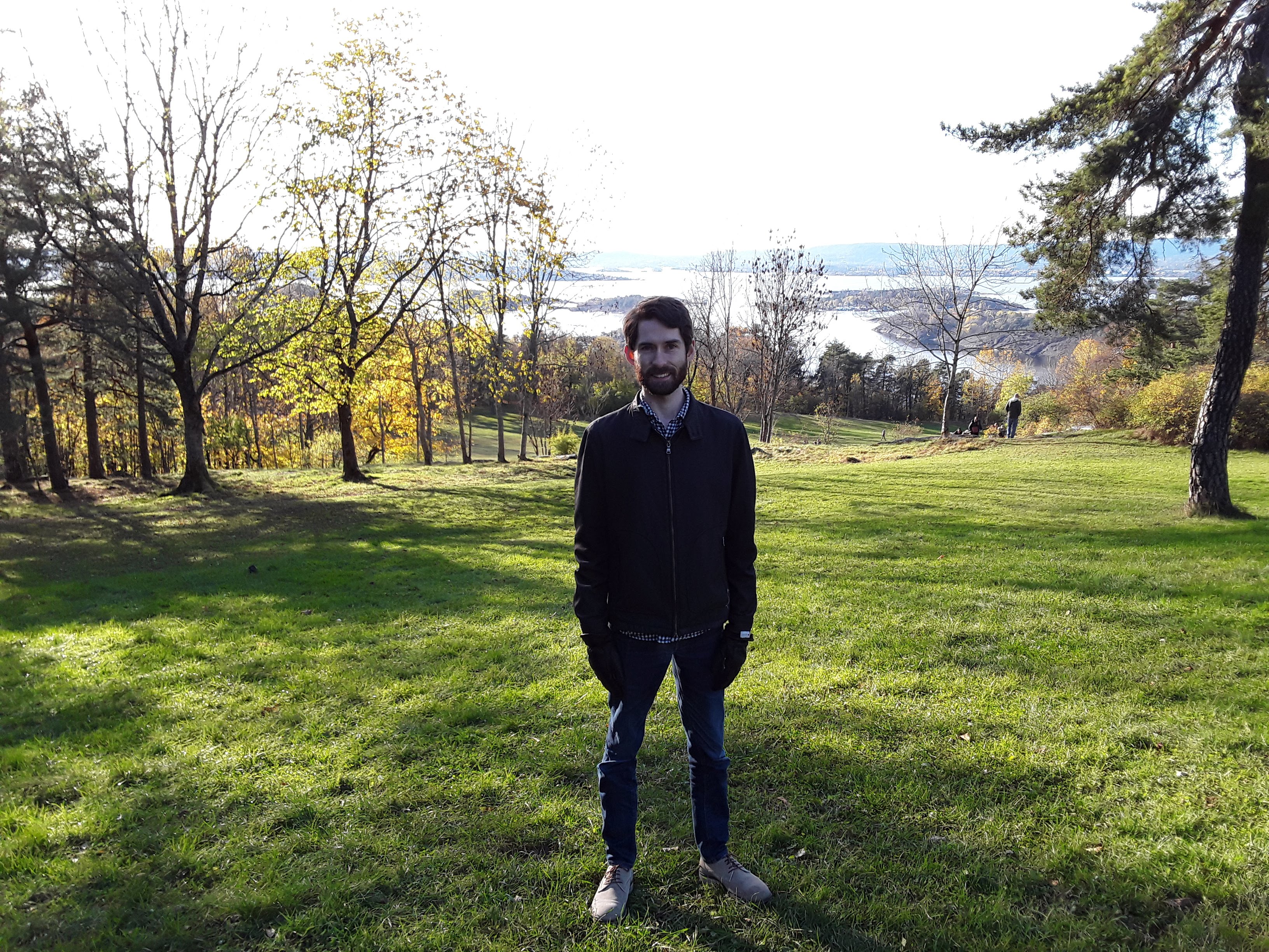 A view of Ross Godfrey standing in a park on a hill, overlooking a body of water with islands.